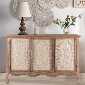 Rustic Sideboard Cabinet with Carved Mandala Doors