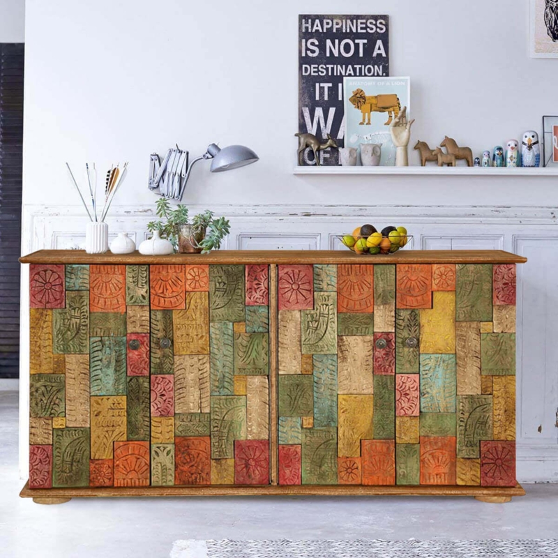 Rustic Sideboard with Colorful Carved Tiled Doors and Scalloped Apron