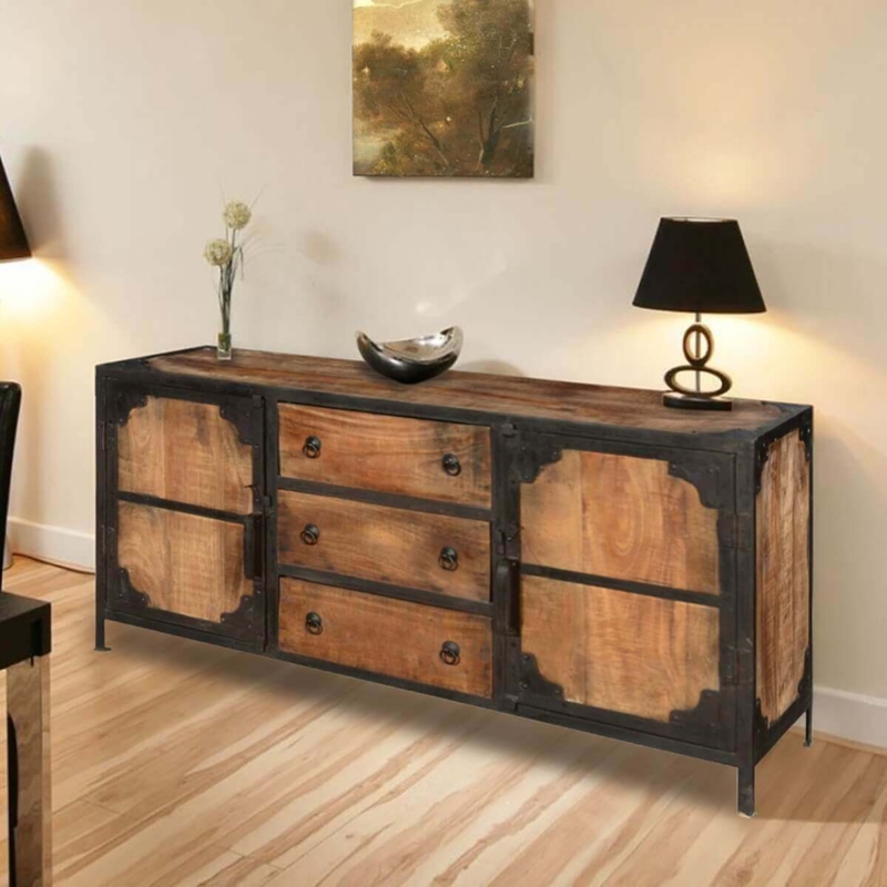 Rustic Sideboard with Mesh Door Panels, Exposed Rivets, Metal Frame