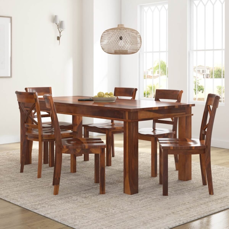 Rustic Solid Wood Dining Set with Block Legs and X-Back Chairs