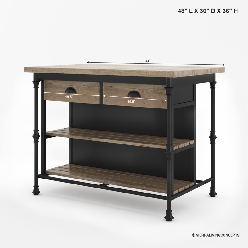 Rustic Solid Wood Kitchen Island with Overhanging Top and Slatted Shelf
