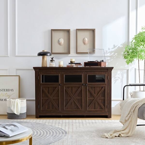 Rustic Three-Door Sideboard with X-Pattern Wood Inlay