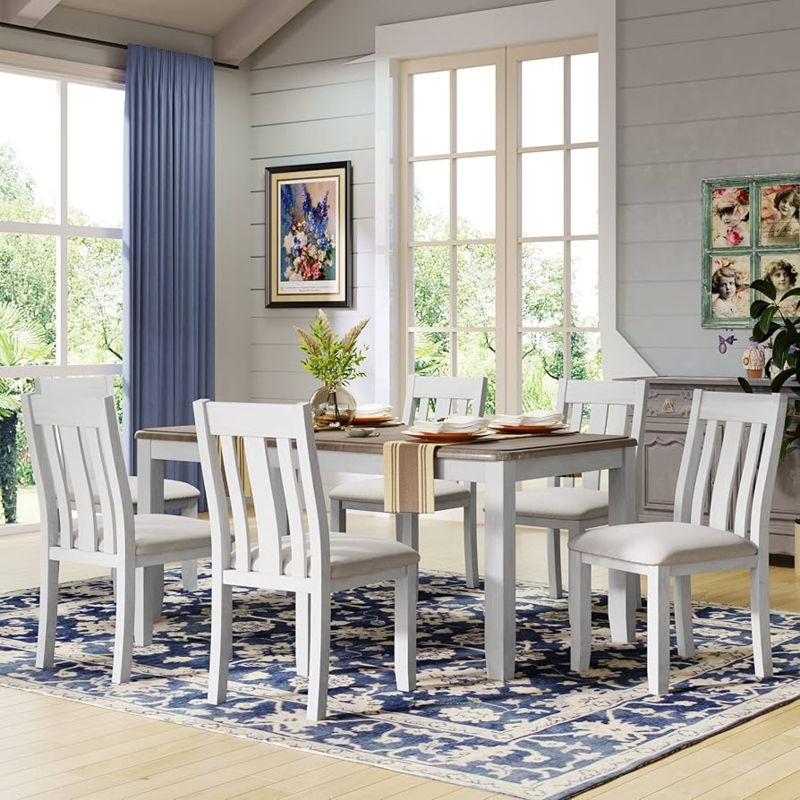 Rustic Trestle Dining Table Set Turned Legs Nailhead Trim Cream
