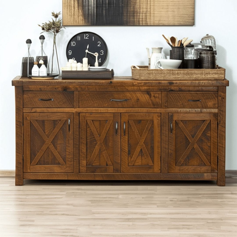 Rustic Weathered Wood Buffet with Open End Shelving Units