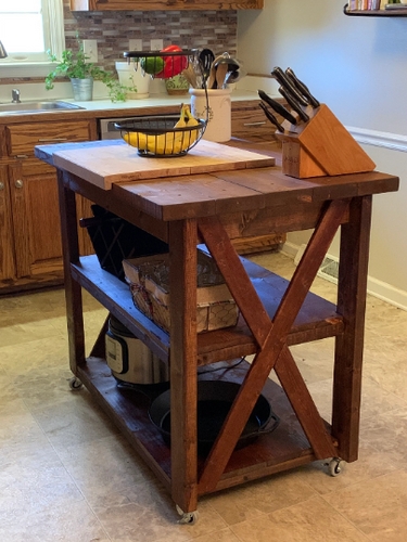 Rustic Wood Cart, Slatted Lower Shelf, Industrial Casters.