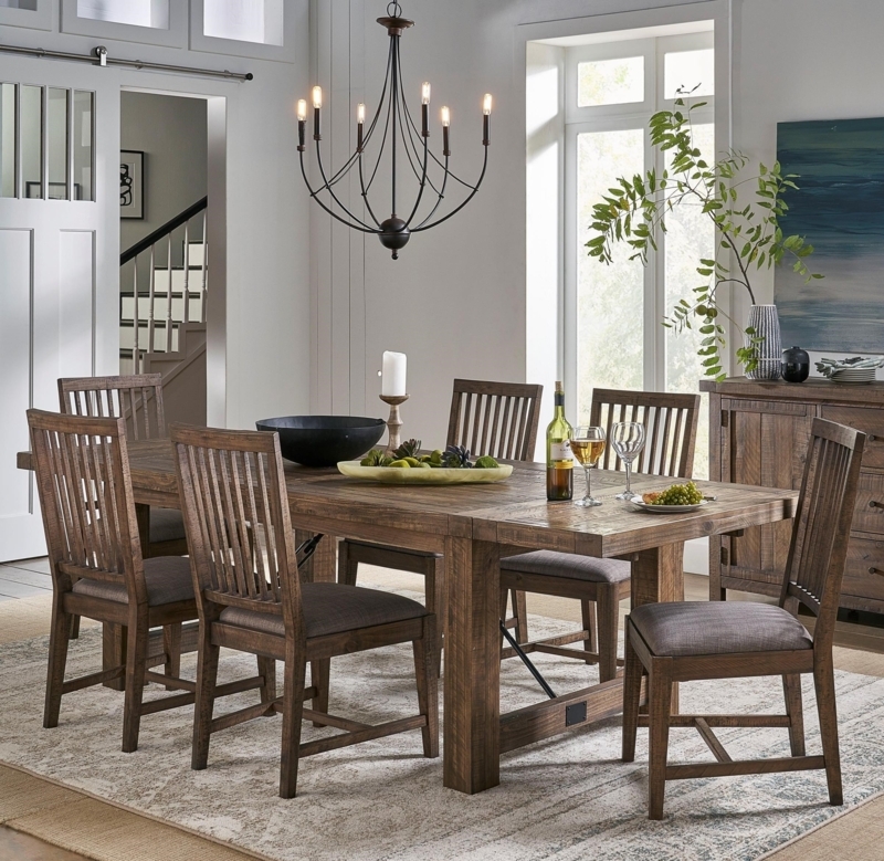 Rustic Wood Dining Table Set with Block Legs and Ladder Back Chairs
