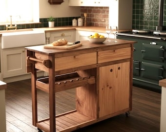Rustic Wood Kitchen Cart Storage with Portable Design and Slatted Shelf