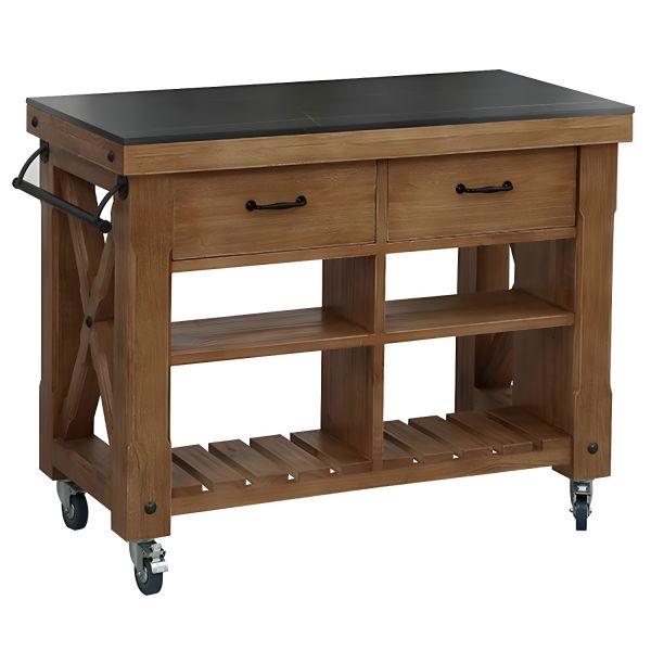 Rustic Wood Kitchen Cart with Stone-Like Top and Slatted Shelf