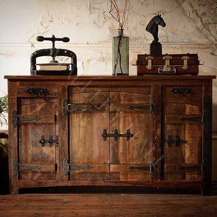 Rustic Wood Sideboard Buffet with Wrought Iron Scrollwork Doors