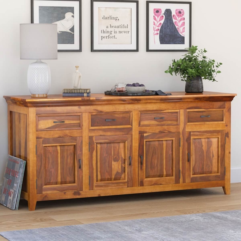 Rustic Wood Sideboard for Dining, Warm Brown Paneled Four Door Cabinet