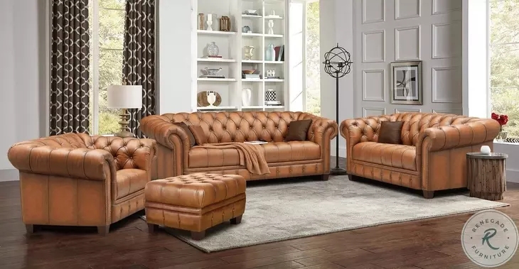 Saddle Brown Loveseat, Diamond Button Tufting, Front Leg Casters