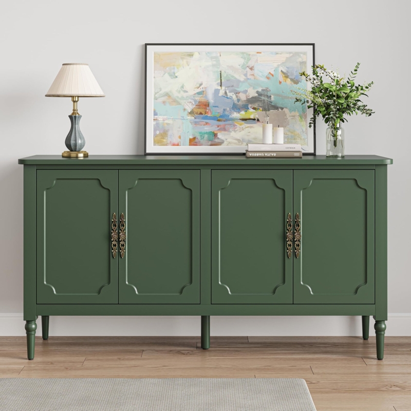 Sage Green Mid-Century Sideboard with Ribbed Front and Gold Hardware