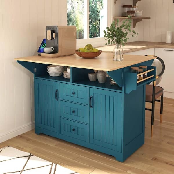 Sage Green Rolling Kitchen Island with Power Outlet and Drop Leaf