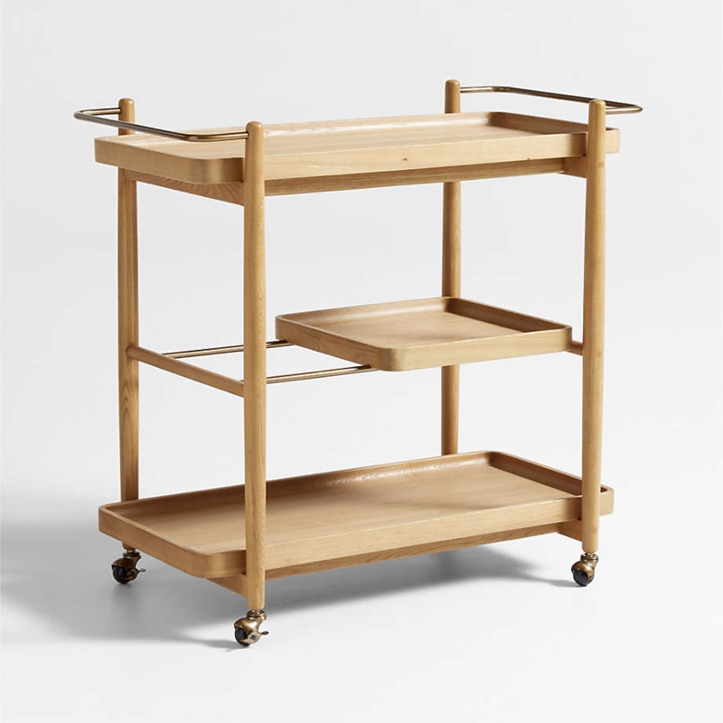 Scandinavian Bar Cart in Natural Wood Finish with Removable Tray