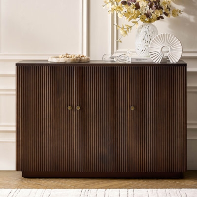 Scandinavian Blonde Wood Fluted Sideboard with Gold Metal Legs