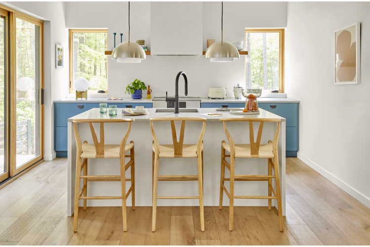 Scandinavian Kitchen Layout: Two-Tone Cabinetry, Grid Tile Backsplash