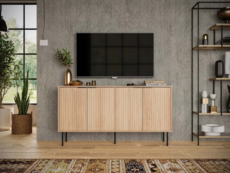 Scandinavian Light Wood Sideboard with Slatted Doors and Cutout Handles