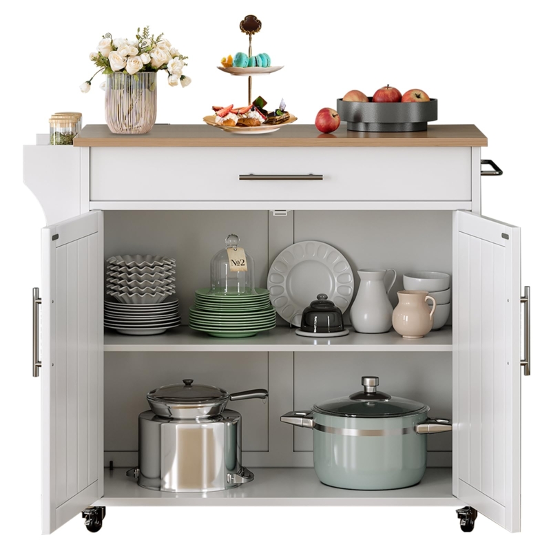 Scandinavian Style Kitchen Cart with Slatted Shelves and Wood Top