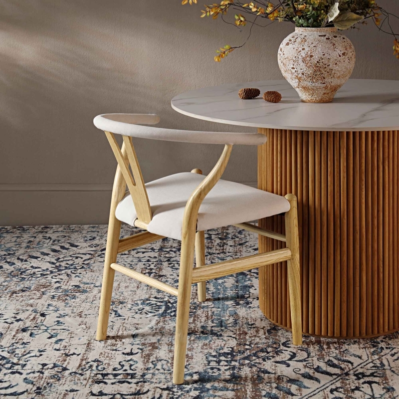 Scandinavian Wishbone Dining Chair with Beige Padded Seat