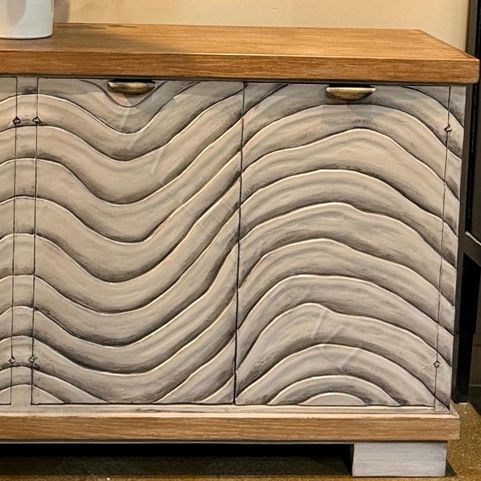 Sculptural Wood Sideboard Buffet with Carved Wave Pattern Facade