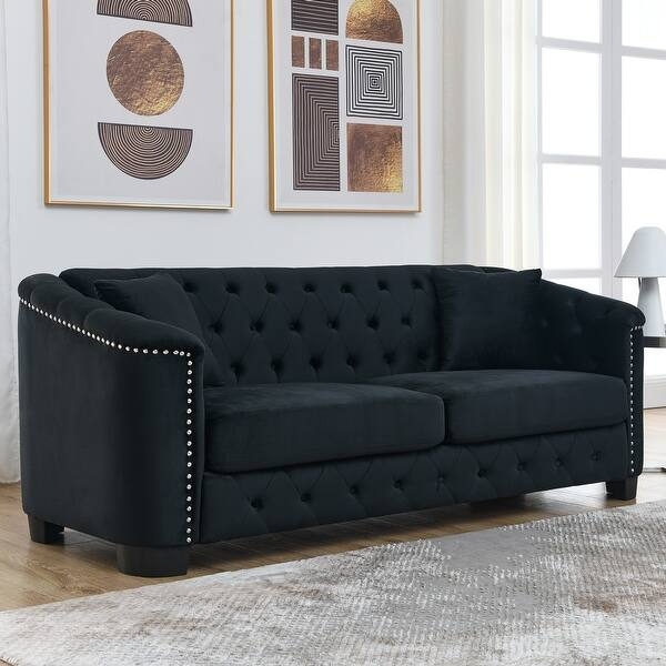 Sectional Sofa, Charcoal Gray Velvet Tufted Nailhead Trim