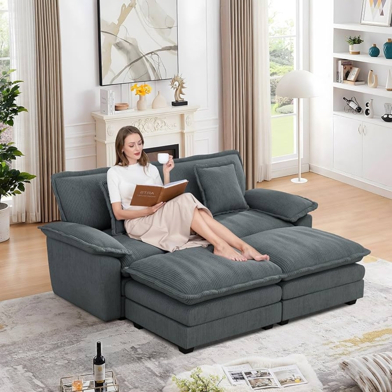 Sectional Sofa Cream Corduroy Low Profile Modern Living Room