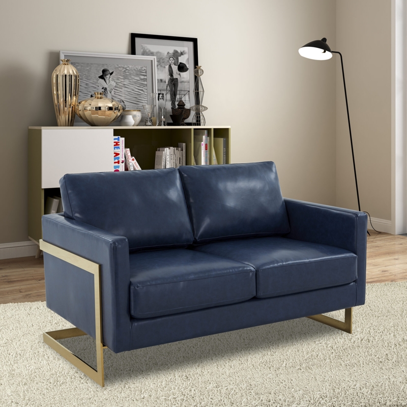 Sectional Sofa Navy Blue L Shaped Button Tufted Metal Legs Small Space