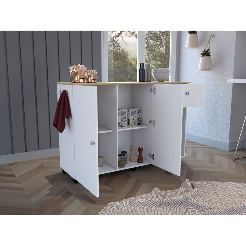 Semi-Mobile White Kitchen Cart with Natural Wood Top and Drawer