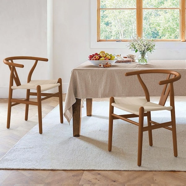 Set of 2 Light Brown Wishbone Chairs with Handcrafted Paper Cord Seats.