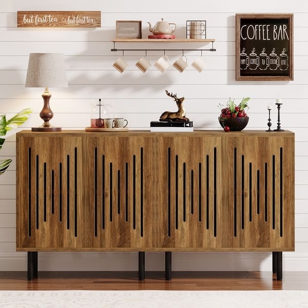 Set of 2 Light Wood Sideboard Cabinets with Ribbed Fronts