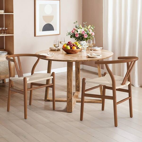 Set of 2 Satin Finish Wishbone Dining Chairs with Woven Rope Seats.