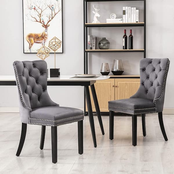 Set of 2 Velvet-Like Dining Chairs with Tapered Wood Legs