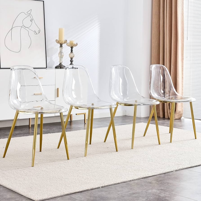 Set of 4 Clear Acrylic Dining Chairs with Polished Gold Tapered Legs