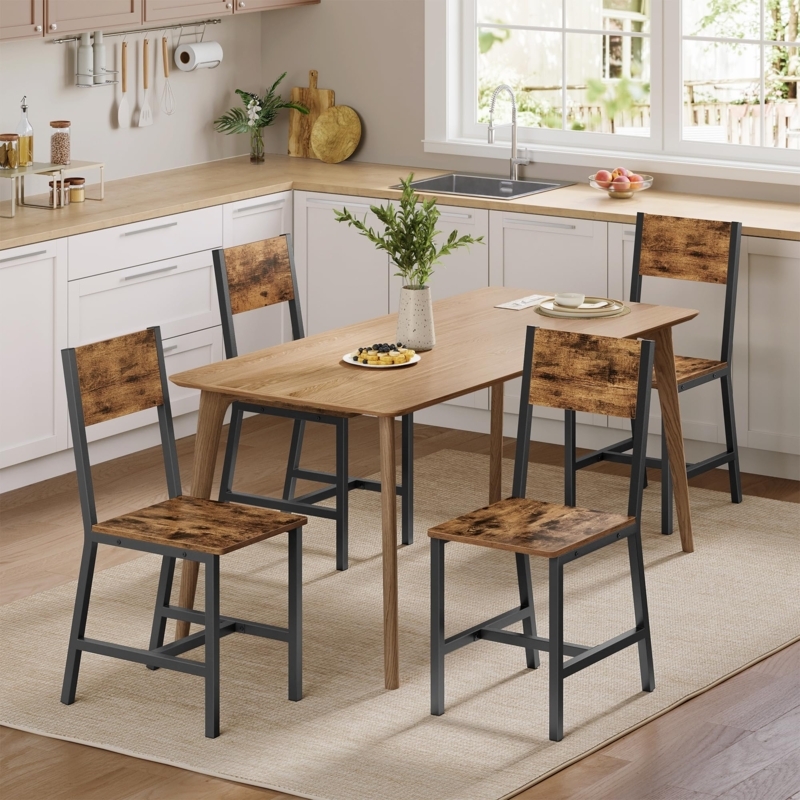 Set of 4 Farmhouse Dining Chairs: Wood Panels & Metal Frame