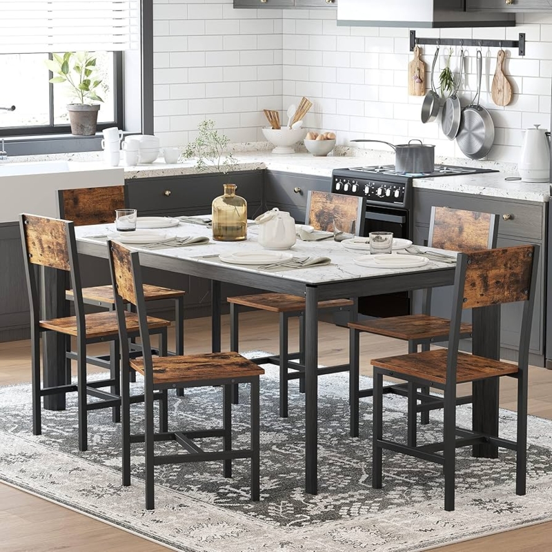 Set of 6 Dining Chairs: Wood & Metal Frame, Farmhouse Style