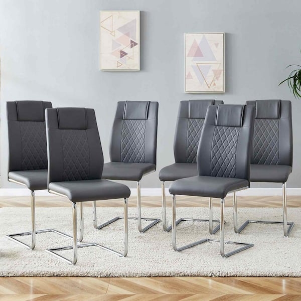Set of 6 Leather-Like Dining Chairs with Black Tapered Legs