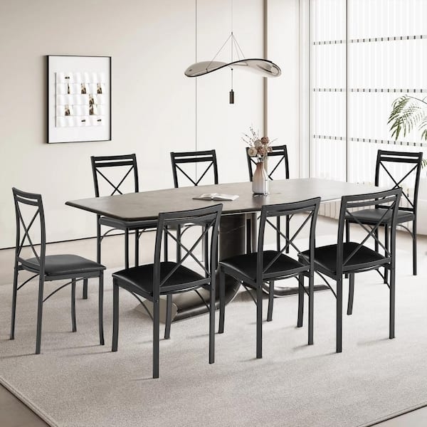 Set of 8 Dining Chairs: Faux Leather Upholstery with Ergonomic Back