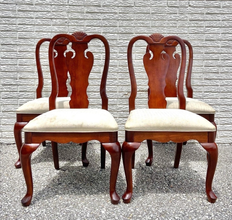 Set of Four Dining Chairs, Cherry Finish, Upholstered Seat, Queen Anne Style