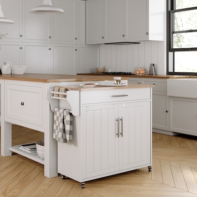 Shaker Style Rolling Kitchen Island Cart, White with Wood Top