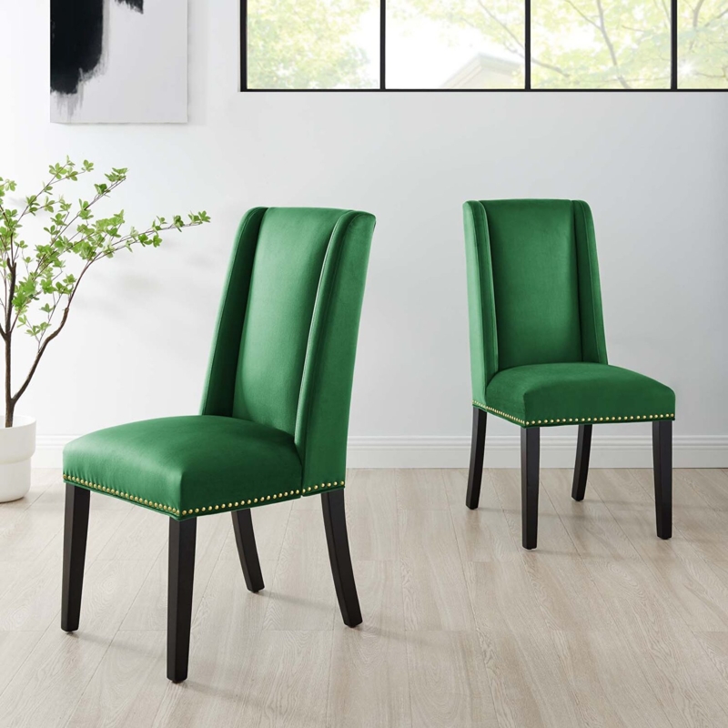 Side Dining Chairs Emerald Green Velvet, Vertical Channel Tufting and Gold Legs