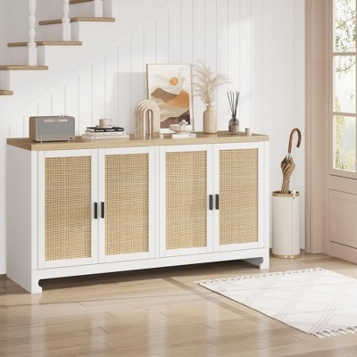 Sideboard 60 Inch Wide Woven Rattan Doors Black Metal Base