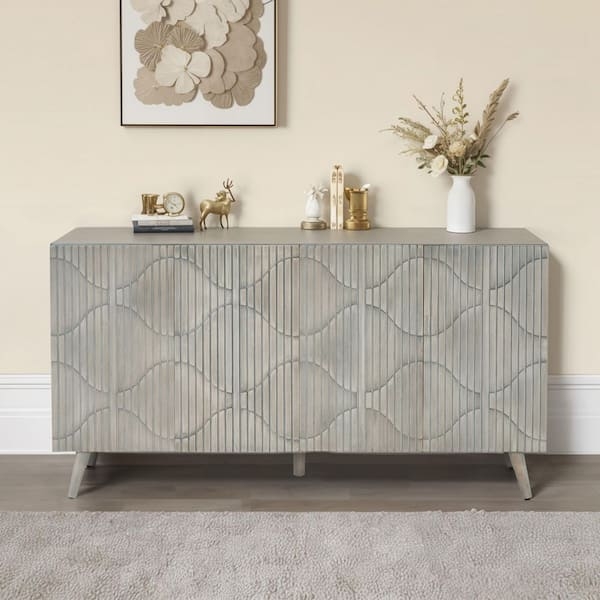 Sideboard Accent Cabinet in Gray Oak with Fluted Doors and Black Base