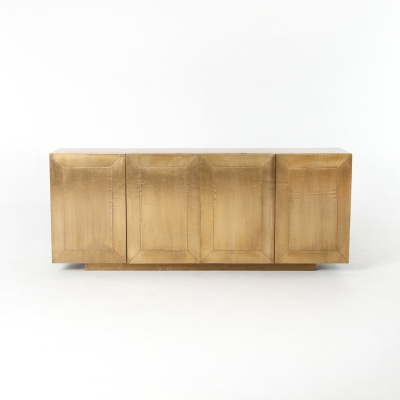 Sideboard Aged Brass Finish Ribbed Door Fronts Dark Stone Like Top