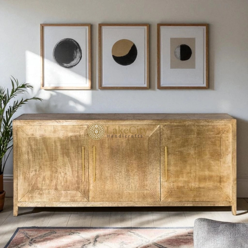 Sideboard Antique Brass Embossed Splayed Wood Base Bohemian Glam