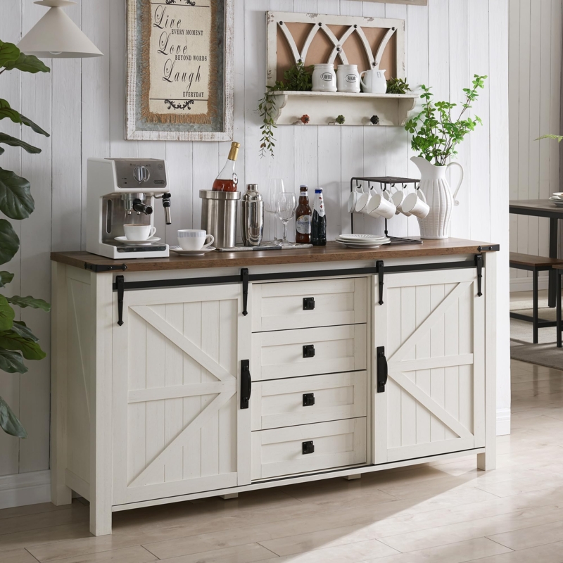 Sideboard Antique White Sliding Barn Doors Buffet With Storage