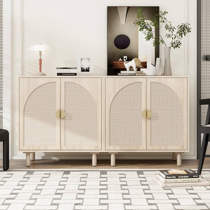Sideboard Arched Rattan Doors Light Wood Gold Hardware Boho Storage