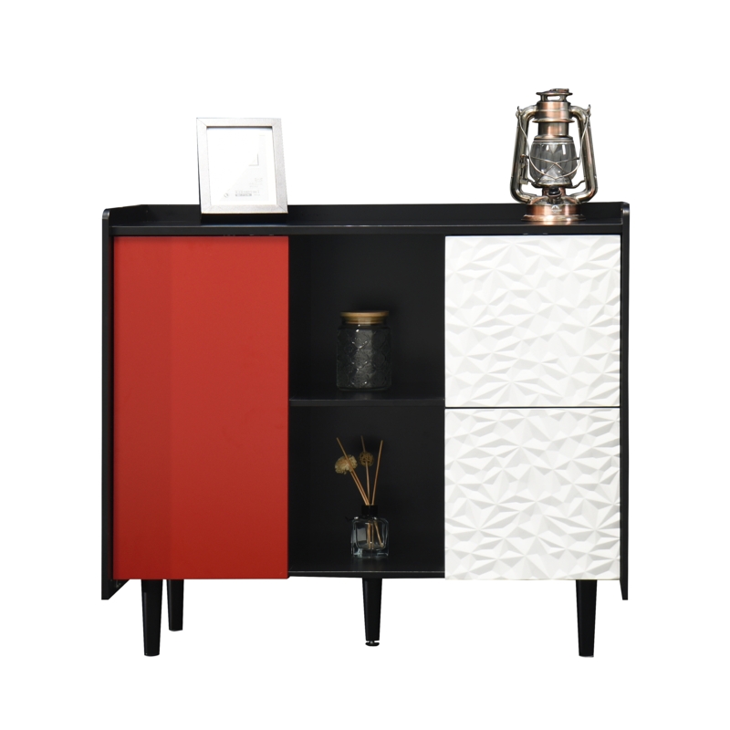Sideboard Black Cabinet Gold Legs Textured Red Doors Open Shelving