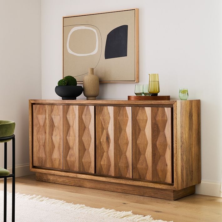 Sideboard Black Carved Front Splayed Legs Geometric Pattern Wood