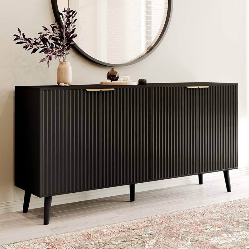 Sideboard Black Fluted Modern with Gold Toned Legs