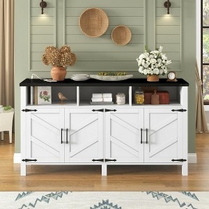 Sideboard Black Top Contrast Vertical Slat Doors Storage Cabinet